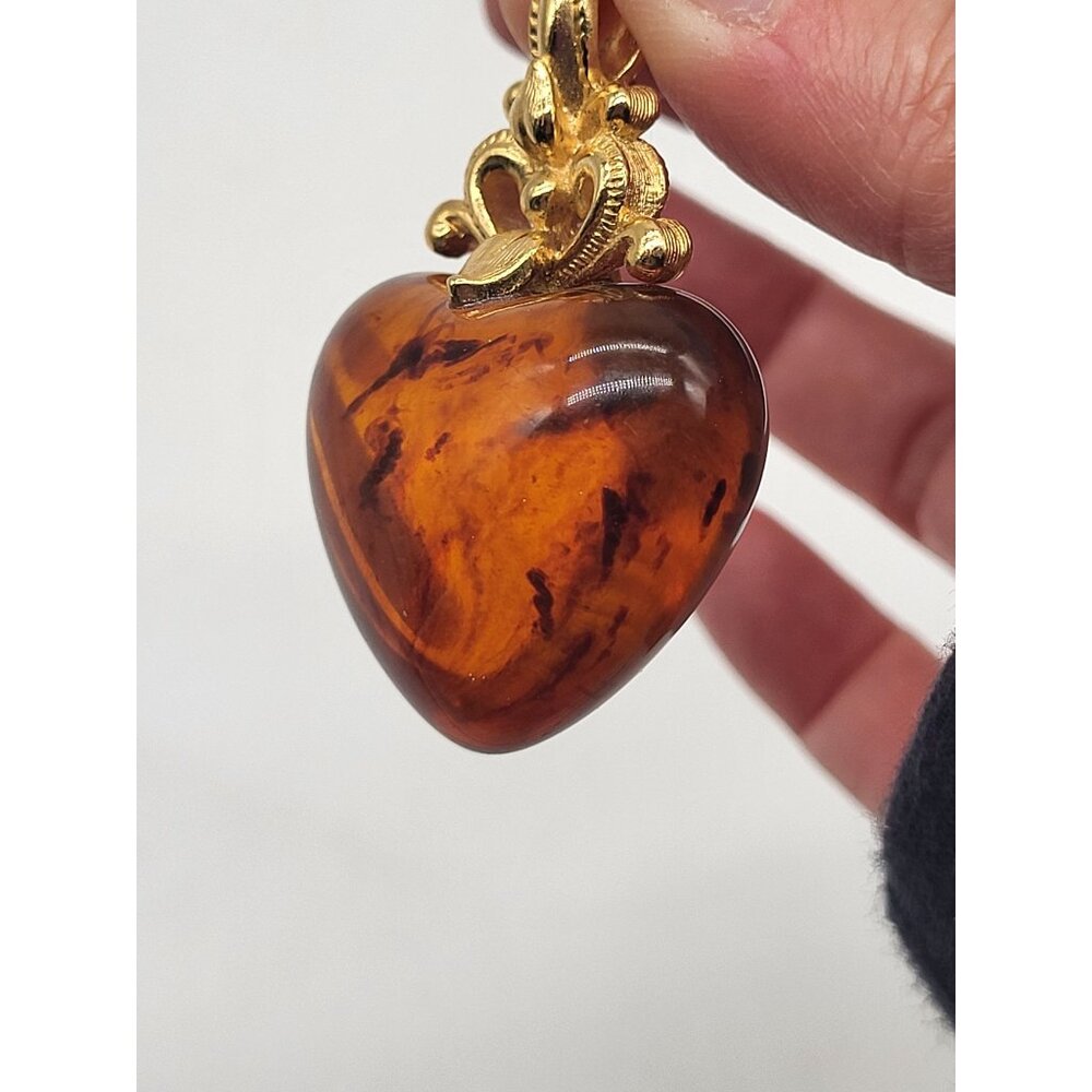 VTG Puffy Tortoise Shell Amber Color SIENNA HEART Pendant Gold Tone Avon - Picture 4 of 7